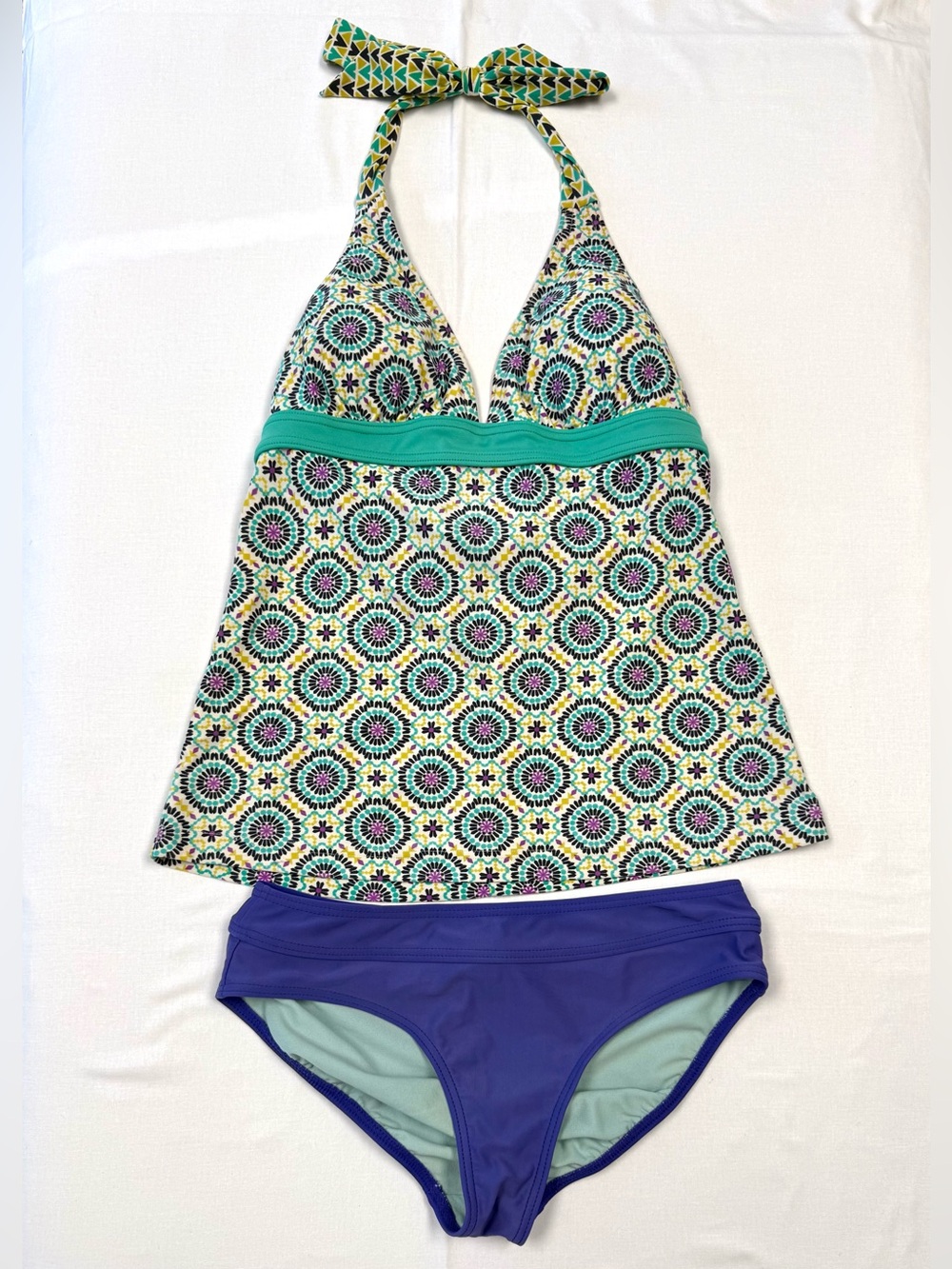 prAna Printed Halter Tankini‎ Swimsuit Set XS Purple Boho Geometric Swim